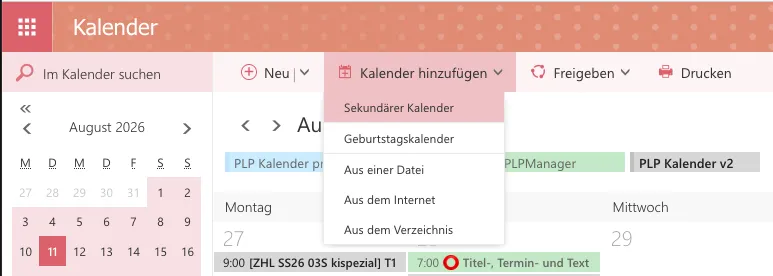 Kalender hinzufügen → Sekundärer Kalender