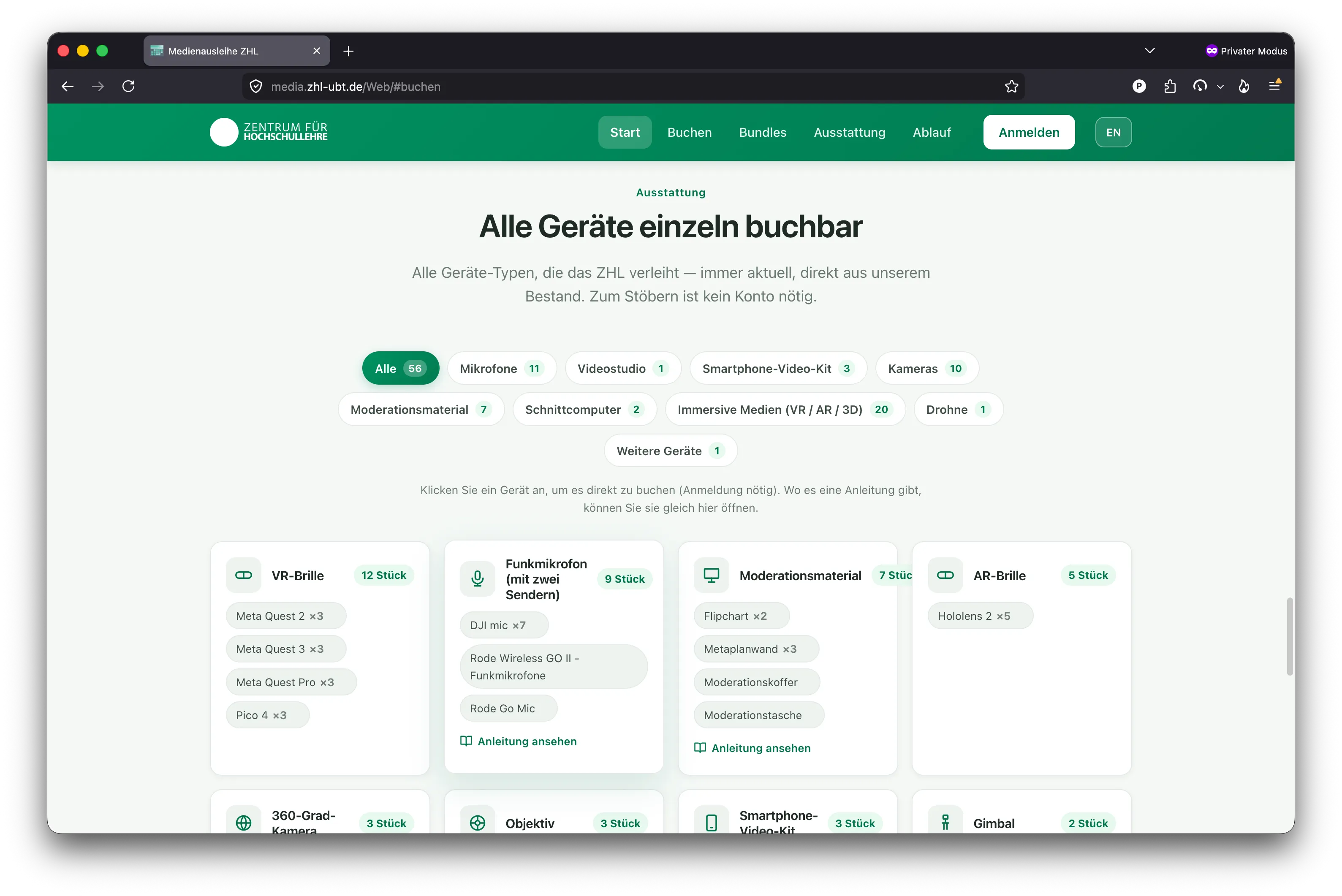 Alle Geräte einzeln buchbar, nach Kategorie gefiltert