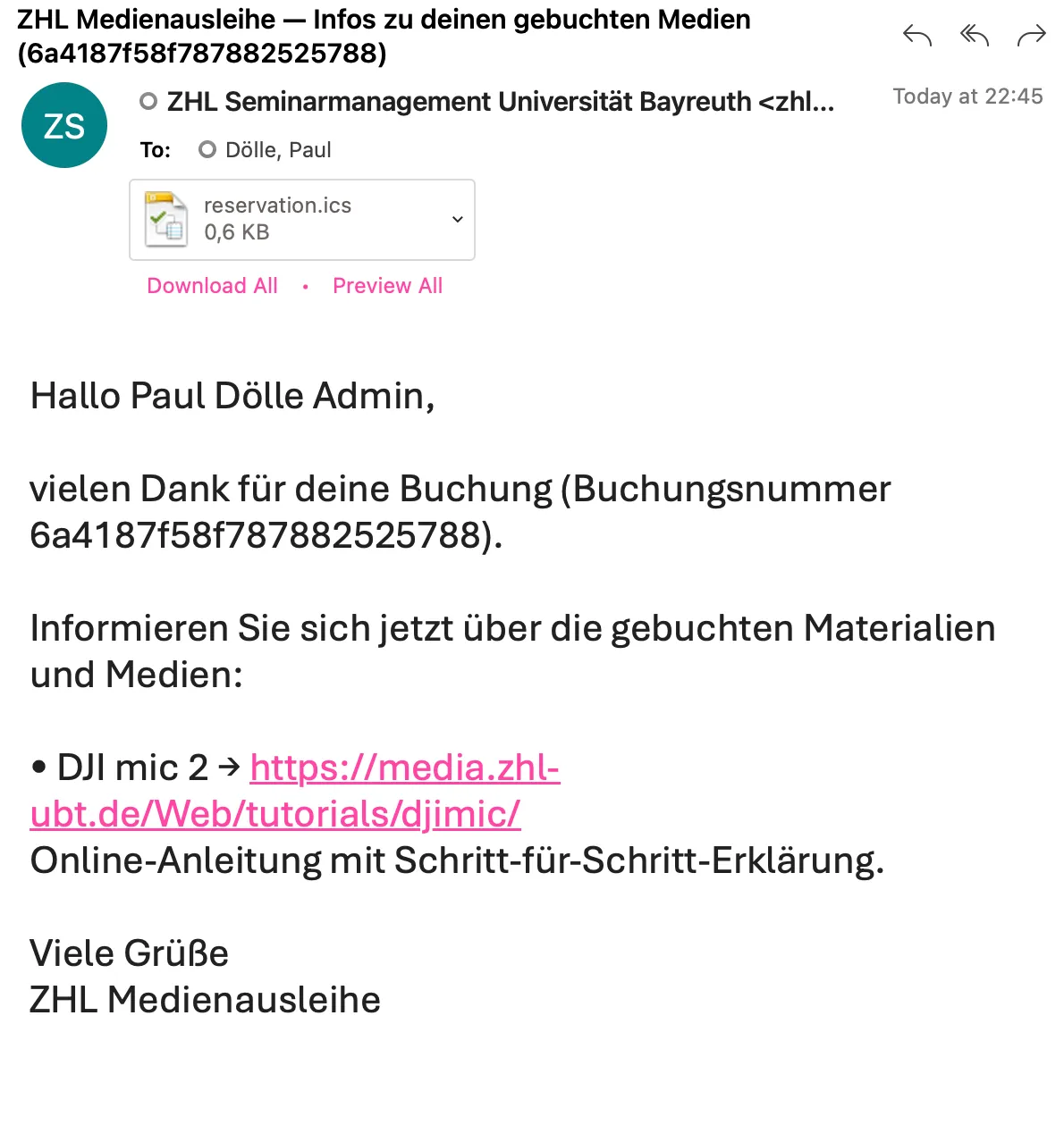 Bestätigungs-Mail an die ausleihende Person