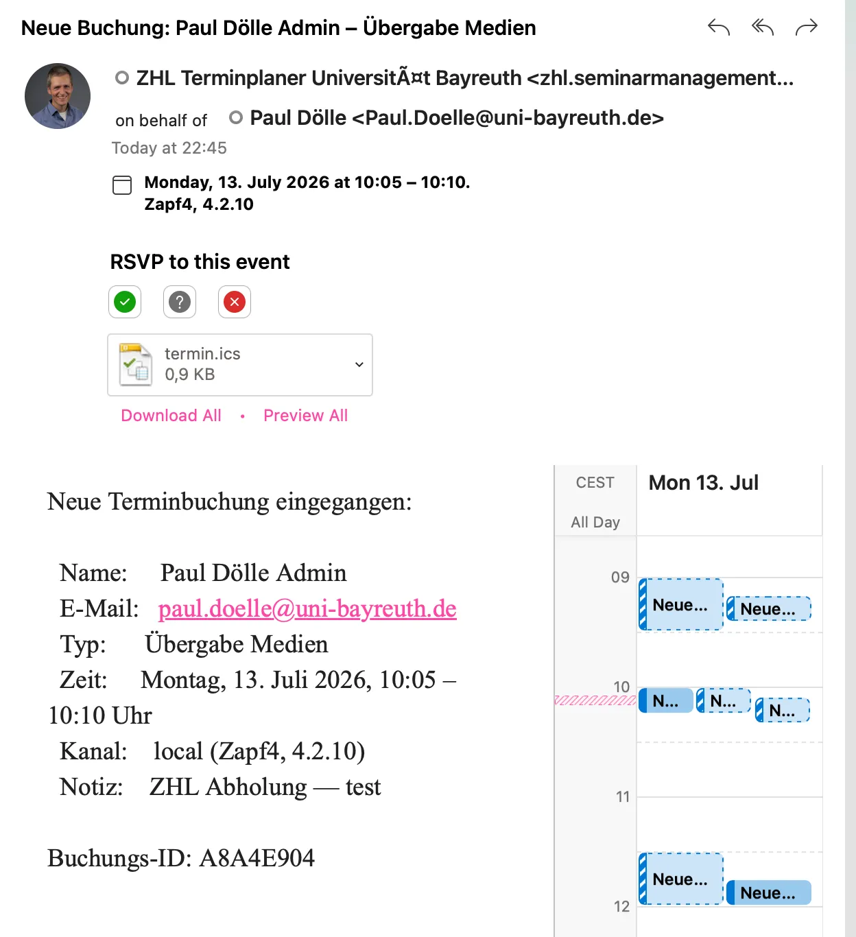 Benachrichtigungs-Mail an das Team über den Übergabe-Termin
