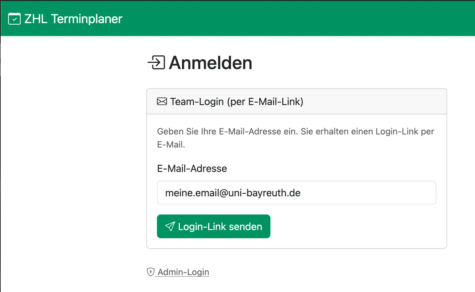 Anmeldeseite des ZHL Terminplaners: E-Mail eingeben, „Login-Link senden"