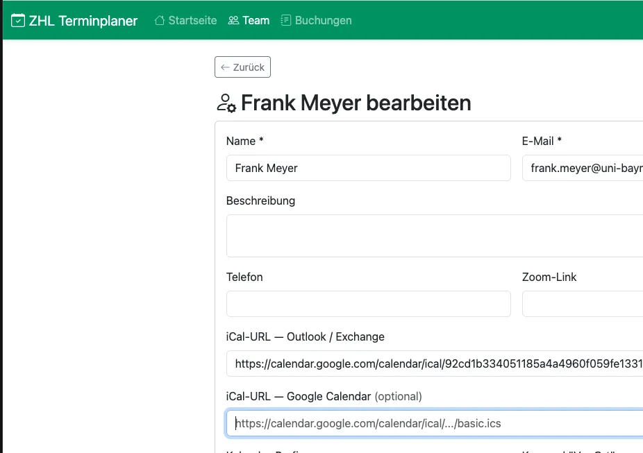 Feld „iCal-URL — Outlook / Exchange" in der meet-App