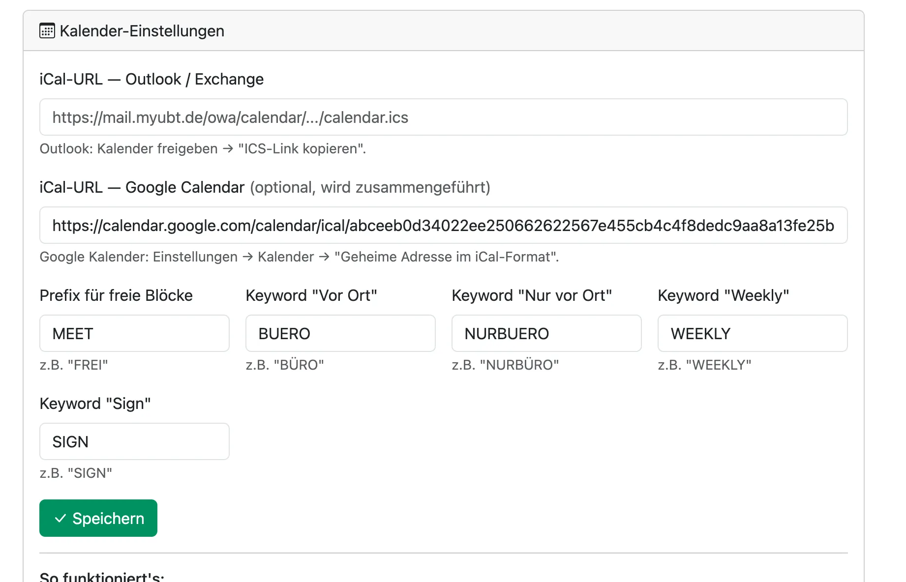 Kalender-Einstellungen: Google-iCal-Adresse einfügen und Keywords setzen