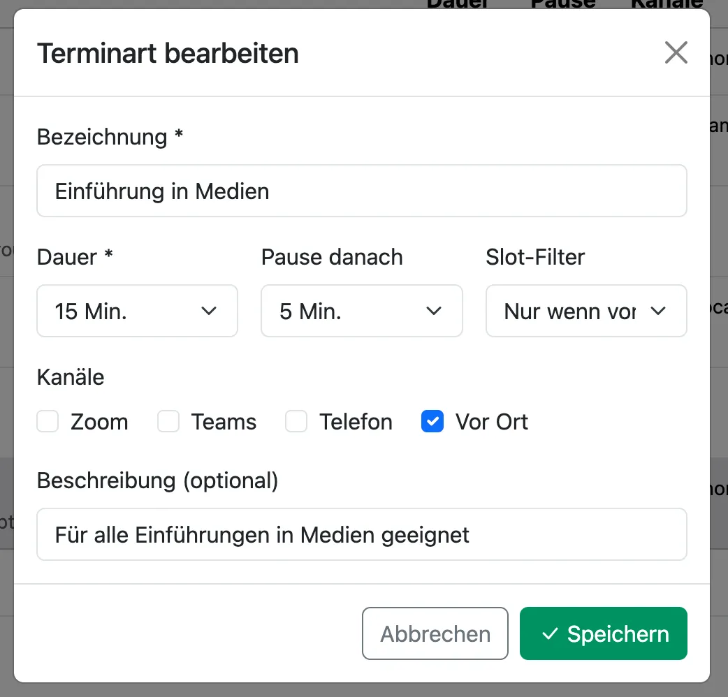 Termin-Art „Einführung in Medien" (15 Min, Vor Ort)