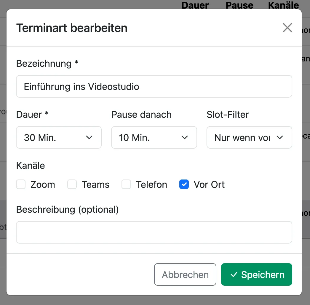 Termin-Art „Einführung ins Videostudio" (30 Min, Vor Ort)