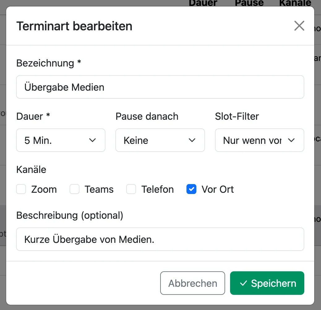Termin-Art „Übergabe Medien" (5 Min, Vor Ort)