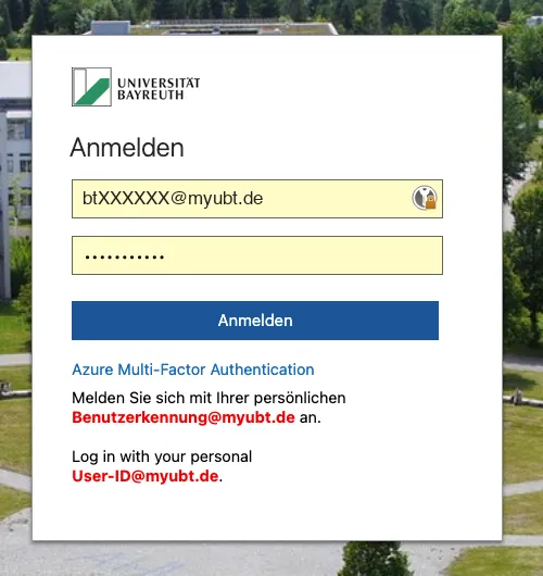 myUBT-Anmeldung mit bt-Kennung