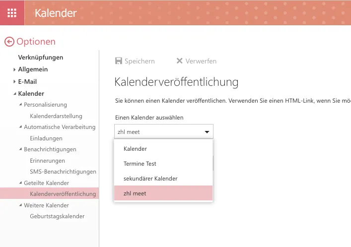 Kalenderveröffentlichung: „zhl meet" auswählen