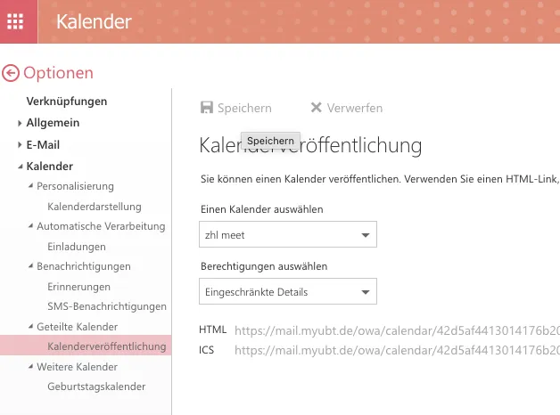 Nach dem Speichern: HTML- und ICS-Link
